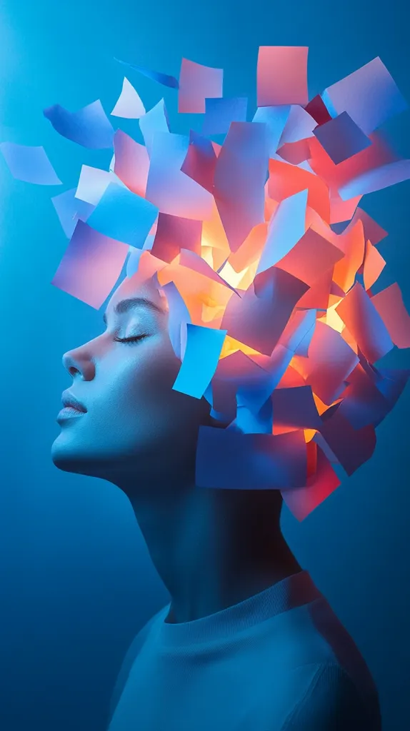 A stylized portrait of a woman's face and neck, bathed in cool blue light.  Her head is surrounded by a vibrant explosion of glowing, fragmented paper, in shades of blue, pink, and orange, suggesting a burst of ideas or thoughts. The overall mood is serene yet dynamic, capturing a moment of intense mental activity.