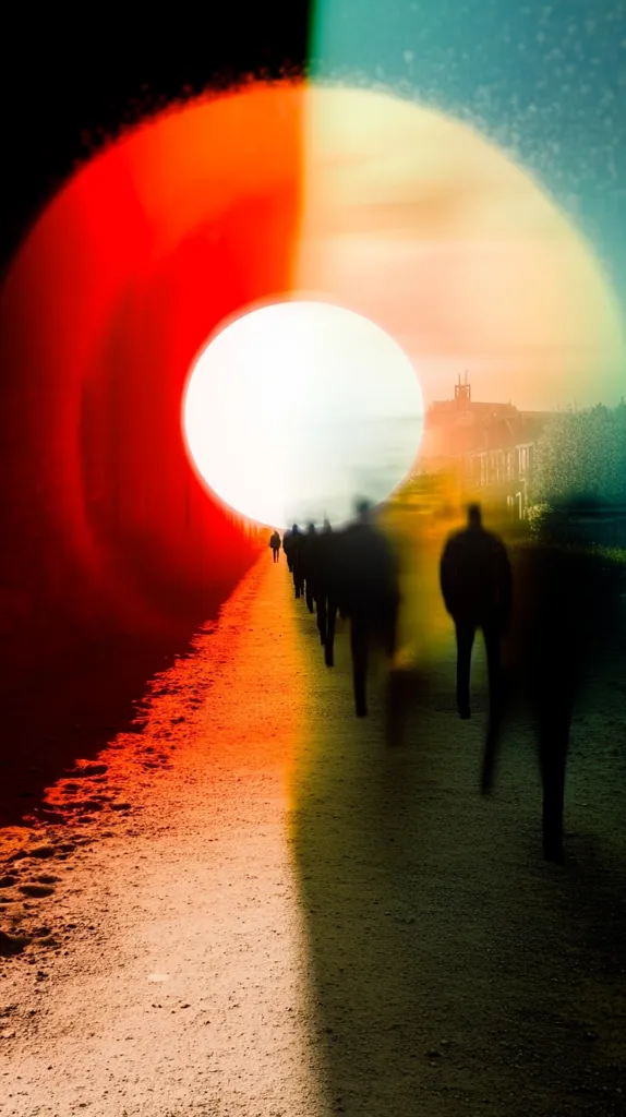 A surreal image depicts a path leading towards a large, bright circle resembling a sun or portal.  Blurred figures walk along the path, their forms indistinct.  The path is bisected by a strong light source, dividing the scene into vibrant red and muted green-blue tones.  A distant, hazy cityscape is visible in the background, adding to the dreamlike quality. The overall effect is one of mystery and transition.