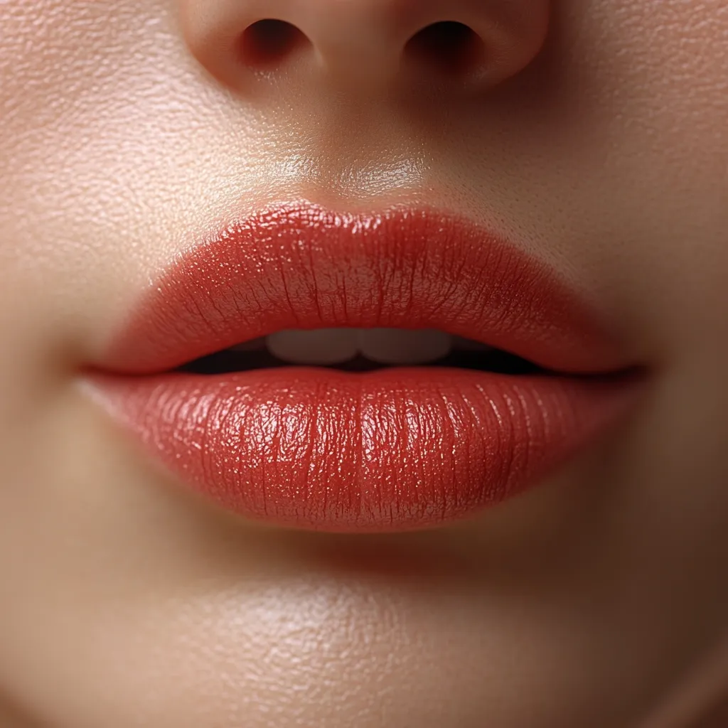 A close-up shot reveals a woman's full lips, adorned with a matte, terracotta-toned lipstick.  The skin around the lips is smooth and subtly luminous, with a natural, healthy glow. The focus is sharp, highlighting the texture of both the lipstick and the skin. The overall impression is one of beauty and flawless makeup application.