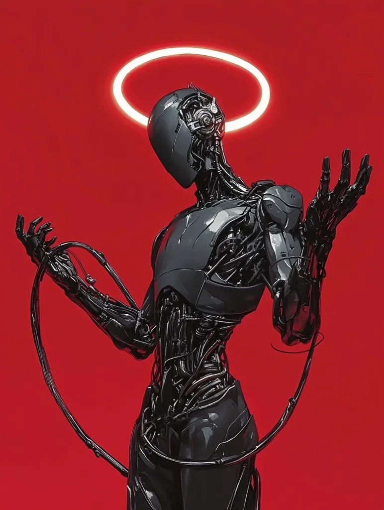 A sleek, black robotic figure, reminiscent of an android, stands against a vibrant red backdrop.  Intricate mechanical details are visible throughout its body.  A glowing halo encircles its head, creating a striking contrast and suggesting a paradoxical blend of technology and spirituality or divinity. The robot's pose is expressive, its hands outstretched as if in offering or supplication.