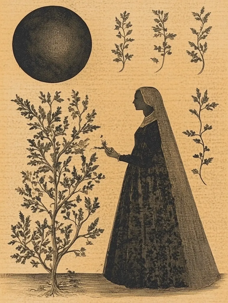 A sepia-toned illustration depicts a woman in profile, veiled and dressed in a long gown, interacting with a small tree.  Several smaller sprigs of foliage are arranged around the image, along with a large dark circle, possibly representing the sun or moon. The style is reminiscent of botanical illustration or an allegorical print, with a stark, somewhat somber tone. The woman's pose suggests contemplation or interaction with nature.