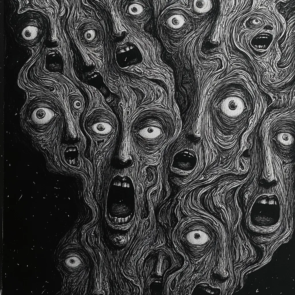 A monochrome artwork depicts a mass of interconnected, grotesque faces.  The faces are contorted in screams, their features exaggerated and swirling into a chaotic, fleshy mass.  Large, wide eyes and open mouths dominate the composition, creating a sense of overwhelming horror and unease. The style is reminiscent of a detailed pen and ink drawing, with heavy shading and intricate lines. The black background enhances the disturbing effect.