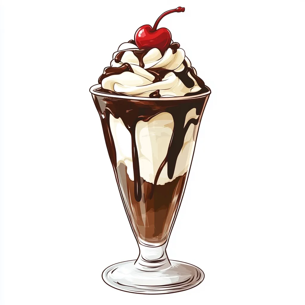 A delicious-looking chocolate sundae is depicted in a tall glass.  The sundae features layers of vanilla ice cream and chocolate sauce, topped with a generous dollop of whipped cream and a bright red cherry.  The chocolate sauce drips dramatically down the sides, enhancing the dessert's rich appearance.  The entire image is presented against a clean white background, emphasizing the dessert's visual appeal.