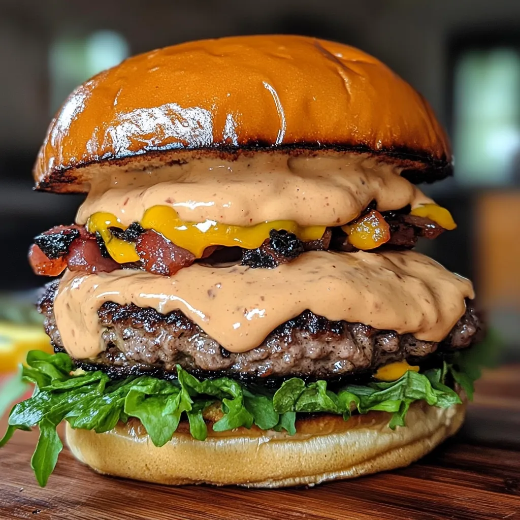 A juicy double cheeseburger with caramelized onions and a generous drizzle of creamy sauce is artfully presented.  The toasted brioche bun cradles two perfectly grilled patties, layered with melted cheese and fresh lettuce.  The rich, mouthwatering image highlights the burger's textures and colors, making it incredibly appetizing.