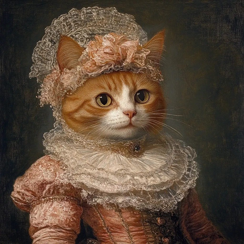 A ginger cat is depicted in a regal portrait, adorned in a delicate lace bonnet and a pink, ruffled gown.  The cat's expression is serene and dignified, reminiscent of 18th-century aristocratic portraits. The painting's dark background accentuates the cat and its elaborate attire, creating a striking and whimsical image. The artist masterfully blends realism with a touch of fantasy.