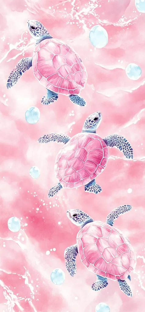 Three pink sea turtles gracefully swim in a dreamy, pink-hued ocean.  Soft watercolor washes create a gentle, ethereal effect, complemented by light blue bubbles floating around the turtles. The turtles are depicted with detailed shells and flippers, adding a touch of realism to the whimsical scene. The overall aesthetic is serene and peaceful.