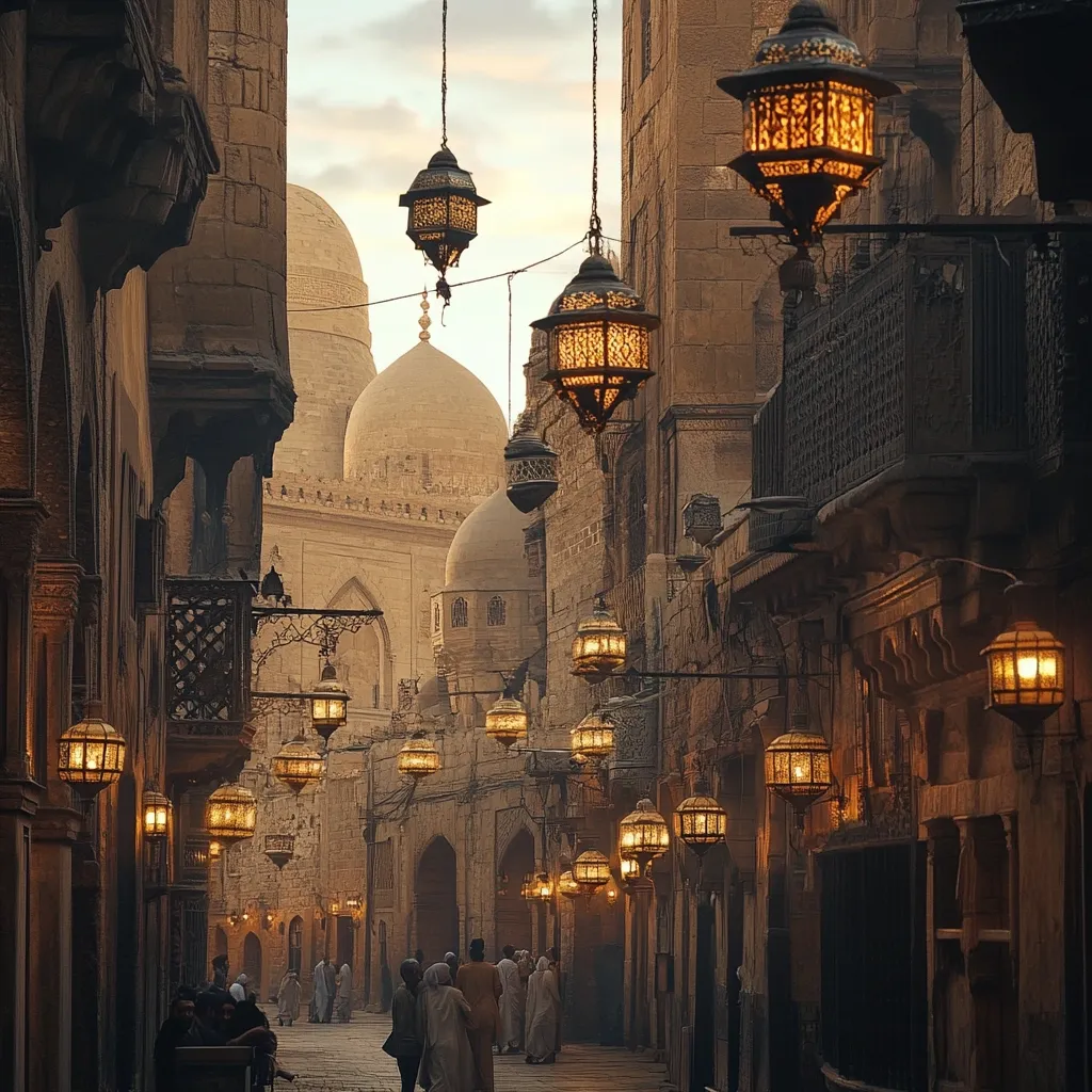 A narrow, ancient street in a Middle Eastern city glows with the warm light of hanging lanterns.  Ornate buildings line the pathway, leading towards a grand mosque with multiple domes.  People walk along the street, their figures silhouetted against the golden light. The scene evokes a sense of history and tranquility.
