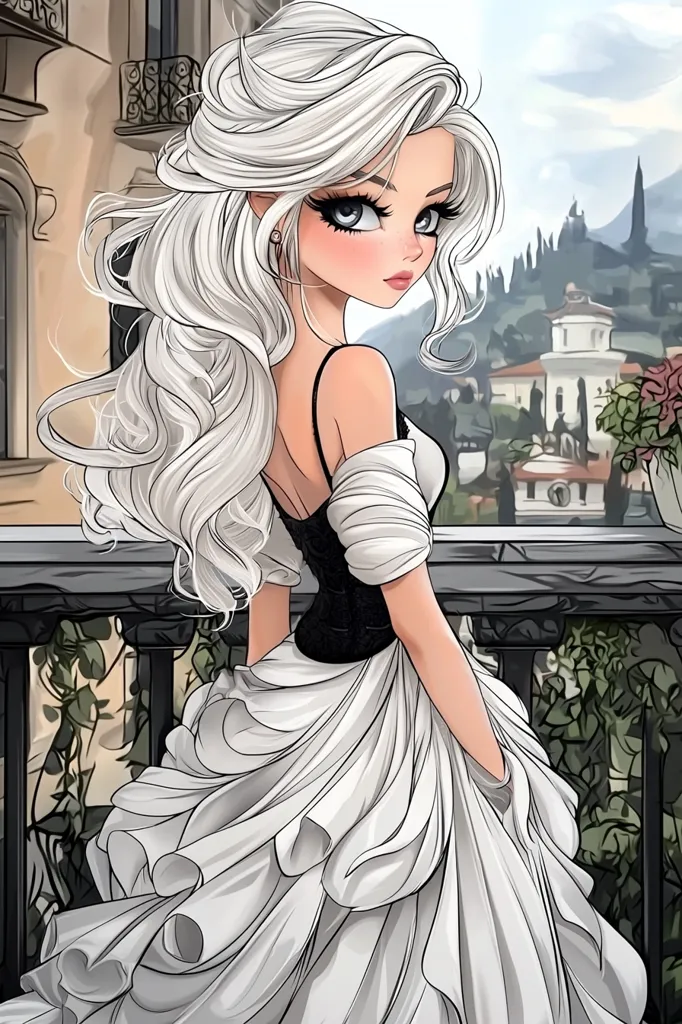 A stunning anime-style girl with long, flowing white hair is depicted standing on a balcony overlooking a picturesque Italianate village. She wears a flowing white gown with a black bodice, creating a captivating contrast.  Her large, expressive eyes and delicate features add to her ethereal beauty. The scene is serene and romantic, with a hint of fantasy.
