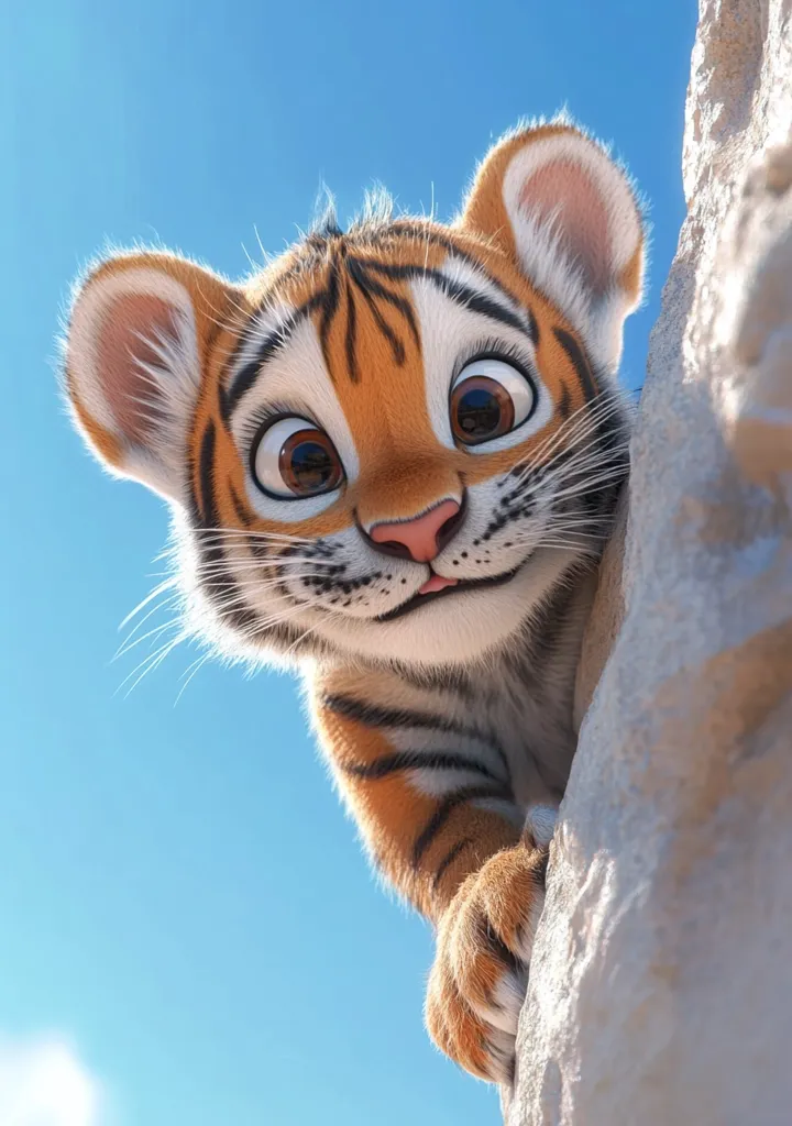 An adorable, cartoonish tiger cub peeks from behind a light-grey rock, its large, expressive eyes and endearing smile captivating the viewer.  The cub's orange and black stripes are vividly detailed, contrasting against the clear blue sky.  The overall style suggests a digital rendering of a friendly, playful animal.
