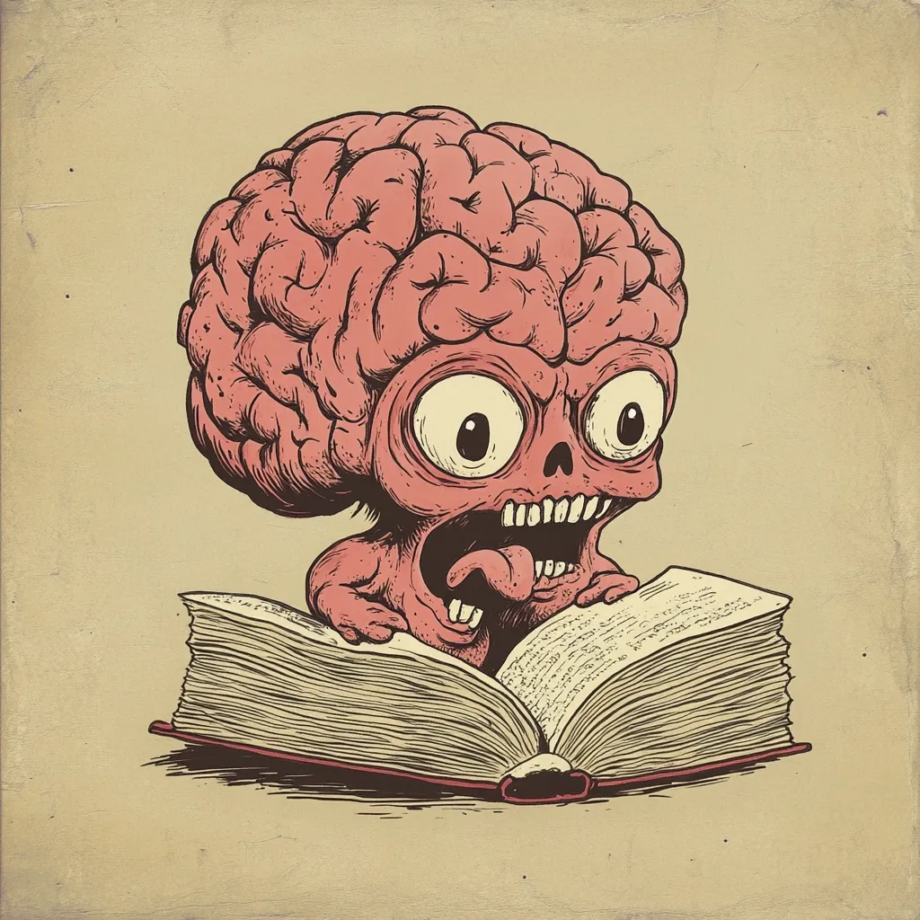 A whimsical illustration depicts a pink creature, its head resembling a brain, engrossed in reading a large book.  The creature's wide eyes and open mouth suggest intense focus or perhaps surprise.  The style is reminiscent of vintage cartoons, with detailed linework and muted colors, creating a humorous and slightly unsettling image. The overall effect is playful yet thought-provoking.