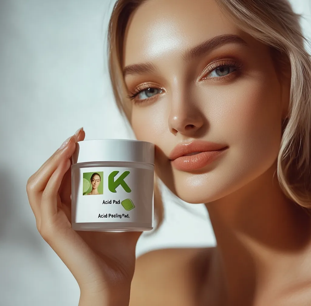 A young woman with flawless skin holds a jar of "Acid Pad" and "Acid Peeling Pad" skincare product.  The jar is white with a green logo featuring a stylized "K". The image is bright and clean, showcasing the product and the model's radiant complexion.  The overall aesthetic suggests a luxurious and effective skincare solution.