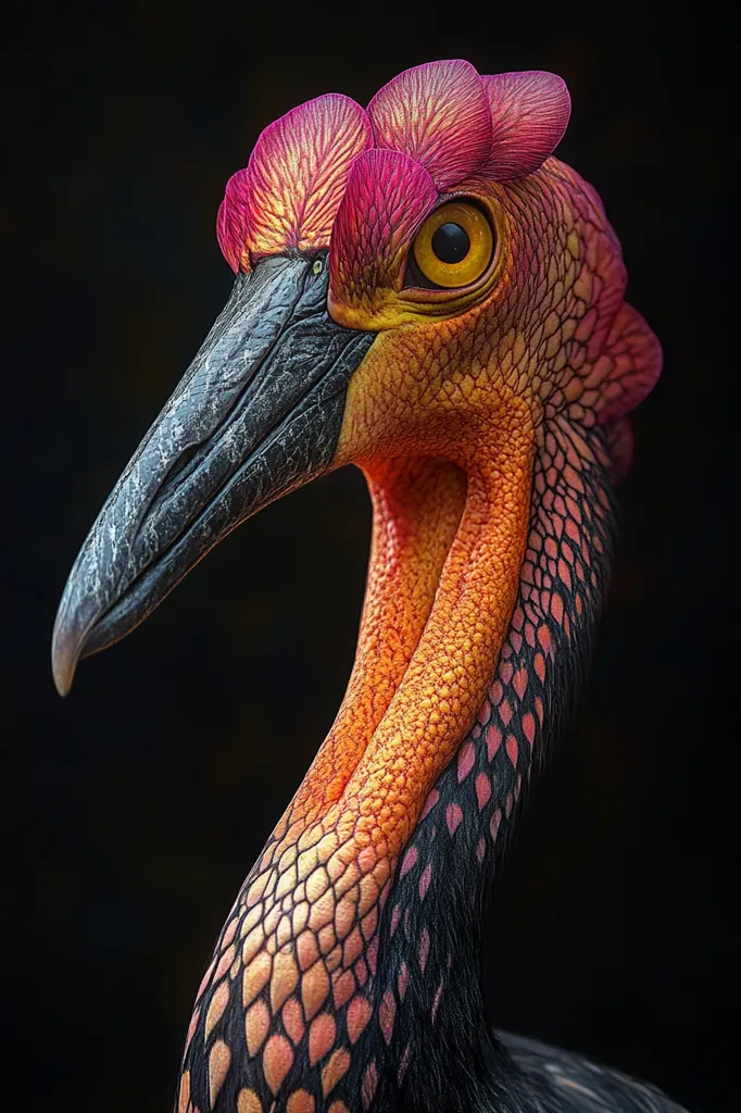 A close-up reveals a vibrant bird, possibly a digitally enhanced or fictional species. Its plumage is a striking blend of dark feathers, overlaid with intricate patterns in shades of orange and pink.  The bird's head features a prominent crest, and its large, expressive yellow eye is captivating. The detailed texture of its skin and feathers is strikingly realistic.  The dark background isolates the bird, emphasizing its colorful details.