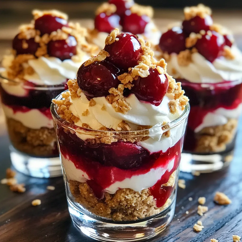Three elegant dessert parfaits are showcased. Each glass layers a buttery graham cracker crust, creamy white filling, and a vibrant cherry compote.  The top is adorned with more compote and a sprinkle of crunchy oat topping.  The rich colors and textures suggest a delightful and sweet treat.