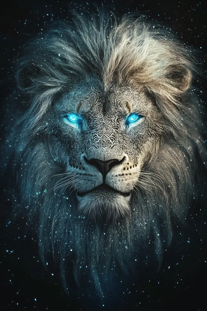 A majestic lion's head fills the frame, its gaze intense and direct.  Its thick, white mane flows around it, seemingly infused with stardust.  Intricate, swirling patterns adorn its face, complemented by bright turquoise eyes that glow with ethereal light. The background is a dark, starry expanse, enhancing the lion's mystical aura.