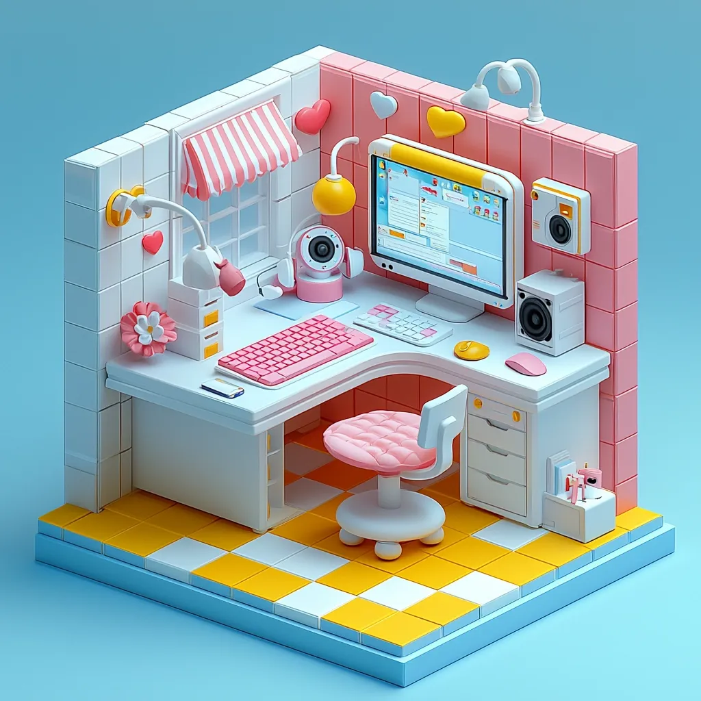 A charming, miniature 3D-rendered workspace is shown.  Pastel pink and white tones dominate the desk and walls, adorned with hearts and a striped awning.  A pink keyboard, computer, webcam, and chair complete the setup.  The desk sits on a yellow and white checkered floor, creating a cute and organized space ideal for a young person.  Small, decorative items add to the whimsical aesthetic.