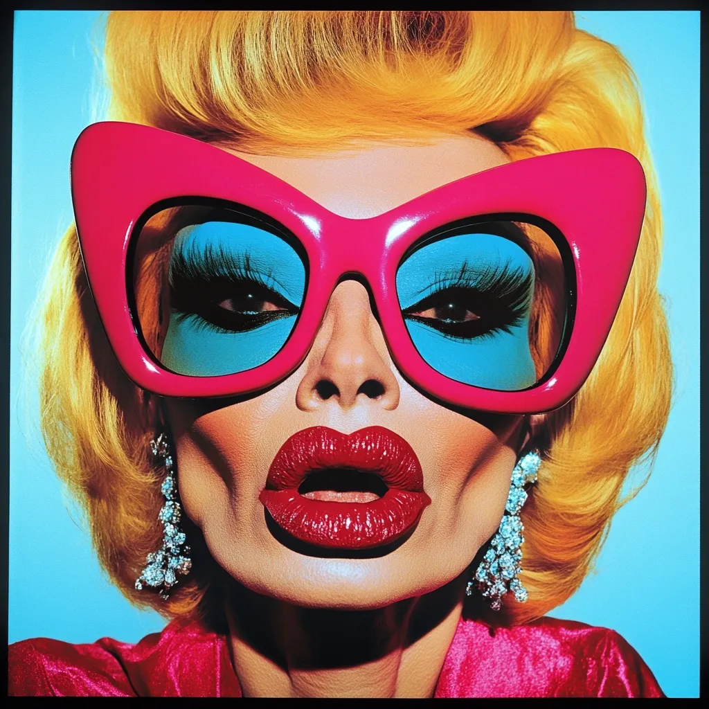 Close-up portrait of a woman with vibrant, blonde, bouffant hair.  She wears oversized, pink cat-eye sunglasses with bright turquoise lenses.  Her makeup is bold, featuring red lipstick and matching eyeshadow.  She's adorned with sparkling dangling earrings, creating a striking, pop art-inspired image. The backdrop is a simple, contrasting light blue.