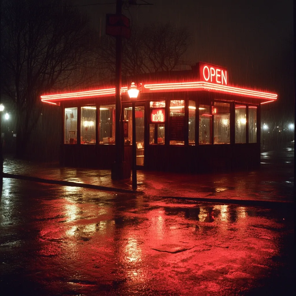 A small, red-lit diner glows brightly under a nighttime rain.  Neon "OPEN" signage illuminates the wet street, reflecting in the puddles. The building's dark exterior contrasts sharply with the vibrant interior lights visible through large windows.  Rain streaks down the glass and the scene is atmospheric and moody, evoking a sense of solitude and late-night ambiance.