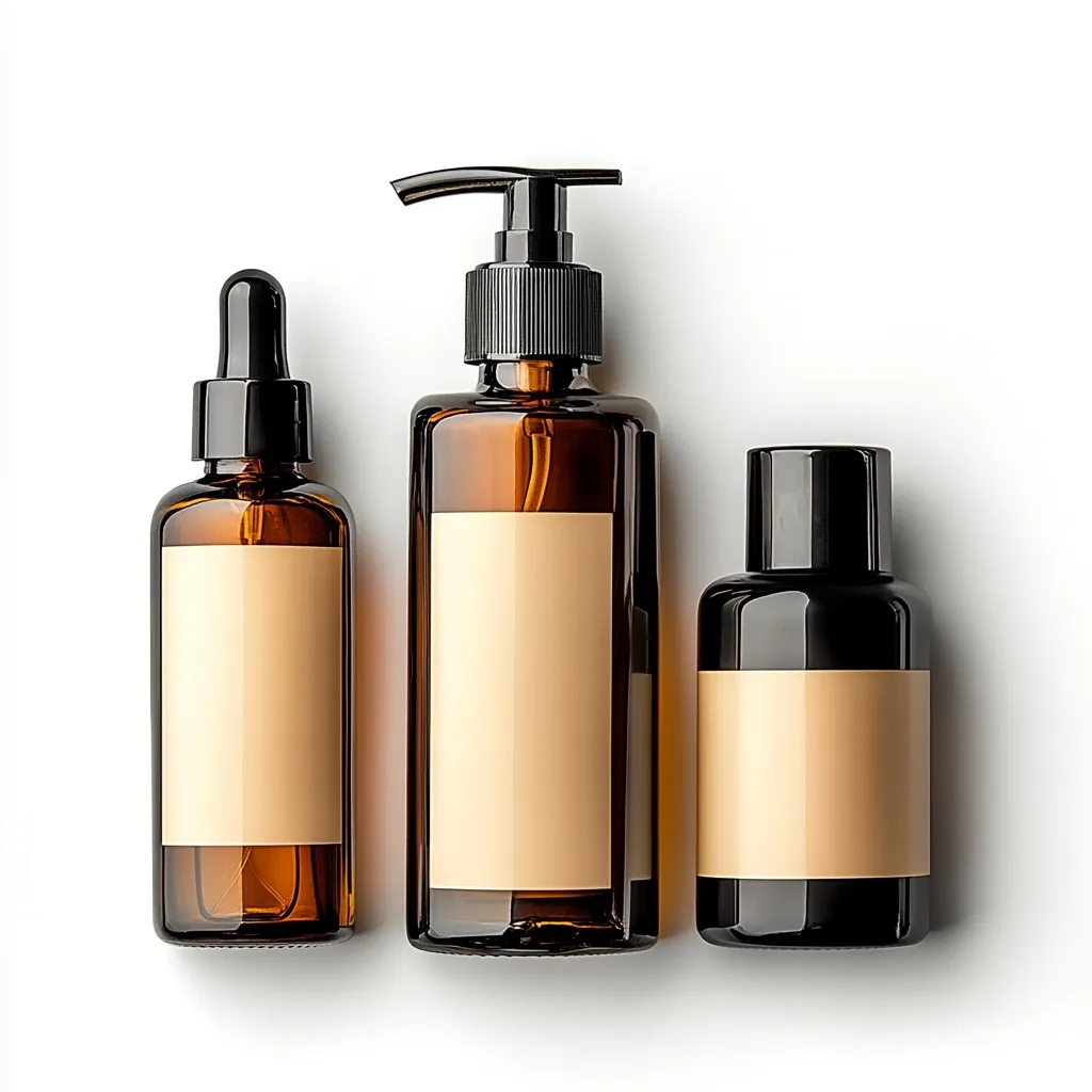 Three amber glass bottles with beige labels sit on a white background.  The largest bottle features a pump dispenser, while the smallest has a screw-on cap. The middle bottle is a dropper bottle.  The minimalist design suggests a skincare or cosmetic product line.  The blank labels provide space for branding.