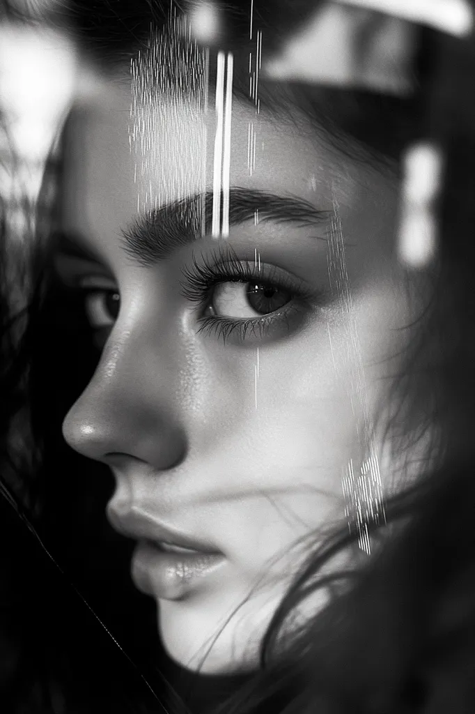A black and white close-up portrait of a woman's face, partially obscured by a textured, translucent surface.  Her eye is captivating, accentuated by dramatic lighting.  The overlay creates an ethereal, almost otherworldly effect, emphasizing her features and adding a layer of mystery.  Her expression is serene yet intriguing.