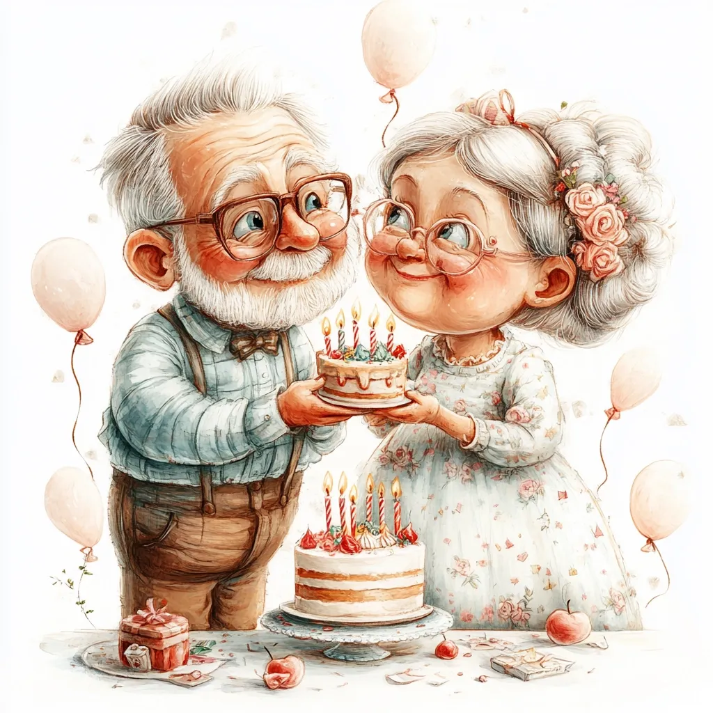 A charming illustration depicts an elderly couple sharing a joyous birthday celebration.  The sweet, cartoonish grandparents, adorned in glasses and pastel clothing, lovingly present each other with a multi-tiered birthday cake, lit with candles.  Surrounding them are pastel-colored balloons and small gifts, creating a warm and festive atmosphere. The artwork is rendered in a watercolor style, emphasizing a lighthearted and tender mood.