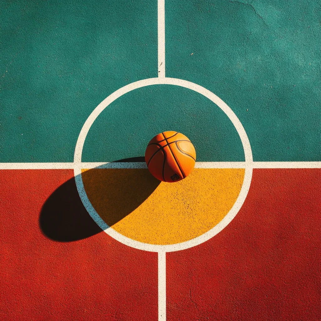 A basketball rests at the center of a vibrant, multicolored basketball court.  The court is divided into sections of teal, red, and gold, meeting at the ball's location.  A white circle encloses the basketball, emphasizing its position at the court's heart.  The sun casts a shadow, adding depth to the image's geometric composition.