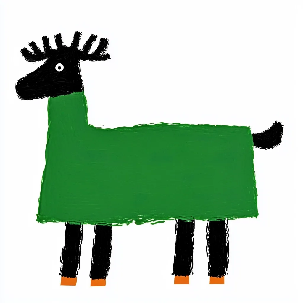 A stylized illustration of a deer, rendered in a childlike manner.  The deer is predominantly green, appearing to wear a long green coat, with black legs and antlers, and small orange hooves.  The simple shapes and bold colors create a playful and slightly abstract representation of the animal.