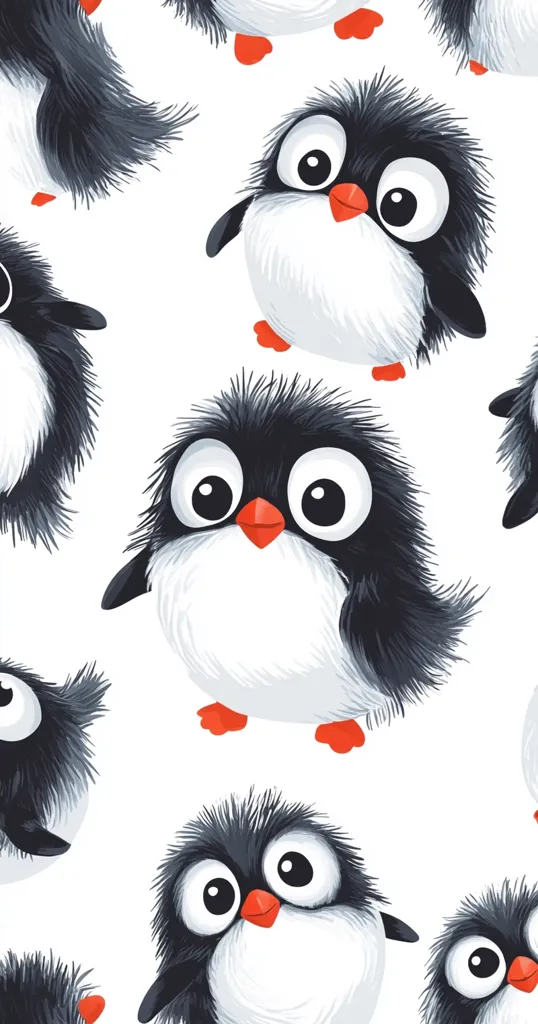 A seamless pattern featuring adorable cartoon penguins.  The penguins are fluffy, with large expressive eyes and small orange beaks. They are predominantly black and white, with a playful, childlike design. The pattern is ideal for fabrics, wallpapers, or children's products.  The background is white, making the penguins stand out.