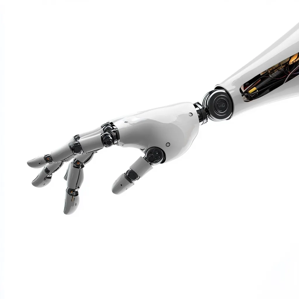 A close-up shot of a robotic arm, predominantly white with metallic accents, is captured against a stark white background.  The robotic hand is subtly positioned as if delicately grasping or presenting something, showcasing its intricate mechanical design and smooth, polished surface.  The internal wiring is partially visible within the arm's structure, adding to the image's technological feel.
