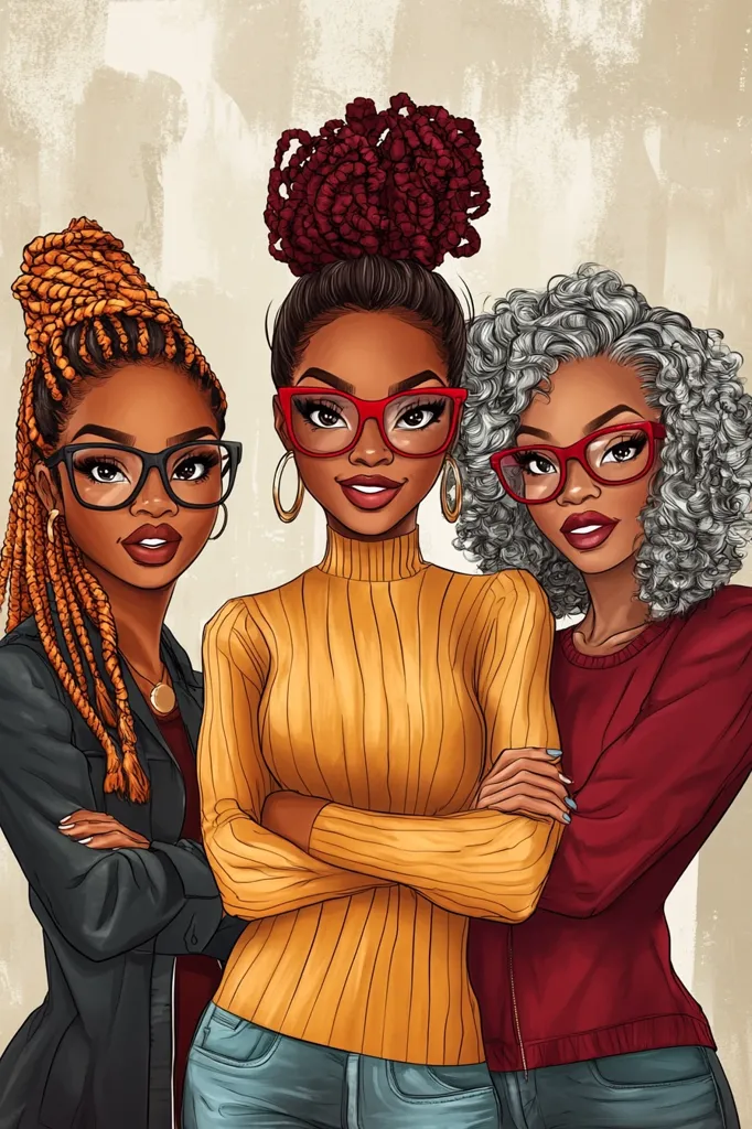 A stylish illustration showcases three Black women, each with unique hairstyles and eyeglasses.  The woman in the center wears a mustard yellow sweater, while the women on either side are in dark jackets.  They exude confidence and a sense of unity, standing close together with arms crossed. Their vibrant hairstyles and clothing create a striking visual.