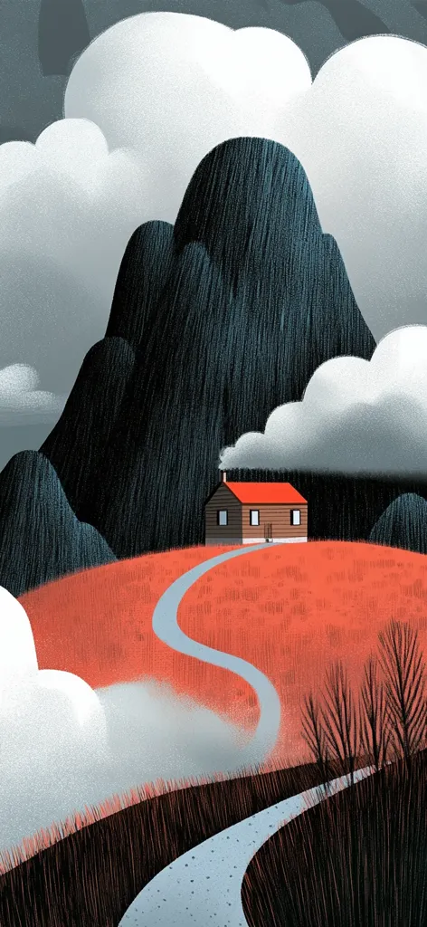 A stylized illustration depicts a small, brown house with a red roof nestled atop a coral-colored hill. A winding light blue path leads to the house, which is situated against a backdrop of dark, textured mountains and fluffy white clouds. The scene is rendered in a minimalist style with distinct shapes and muted colors, creating a serene and slightly melancholic mood.  Bare, dark trees are visible at the bottom of the hill.