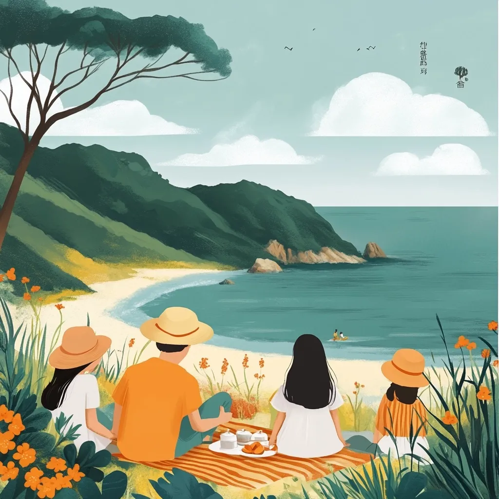 A family of four enjoys a picnic on a secluded beach.  They sit on a striped blanket, overlooking a calm ocean nestled between verdant hills.  The scene is peaceful and idyllic, with wildflowers blooming nearby and a lone tree providing shade.  The overall style is soft and whimsical, with muted colors and gentle lines.  A small boat is visible in the distance on the tranquil water.