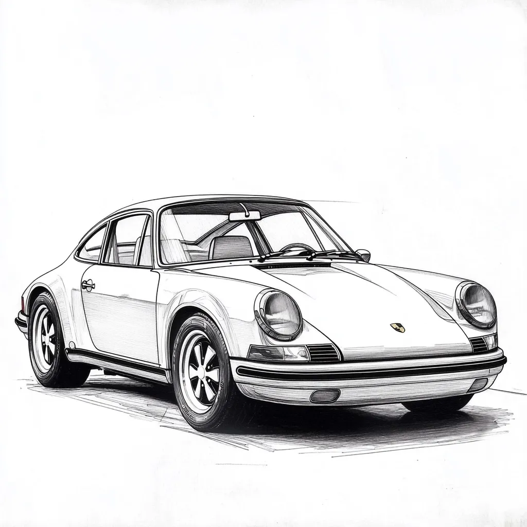 A meticulously detailed pen-and-ink drawing showcases a classic Porsche 911.  The monochrome sketch highlights the car's sleek lines, prominent headlights, and iconic design.  The perspective emphasizes the front and side, presenting a captivating image of this legendary sports car. The rendering is precise, capturing the vehicle's elegant curves and subtle details.
