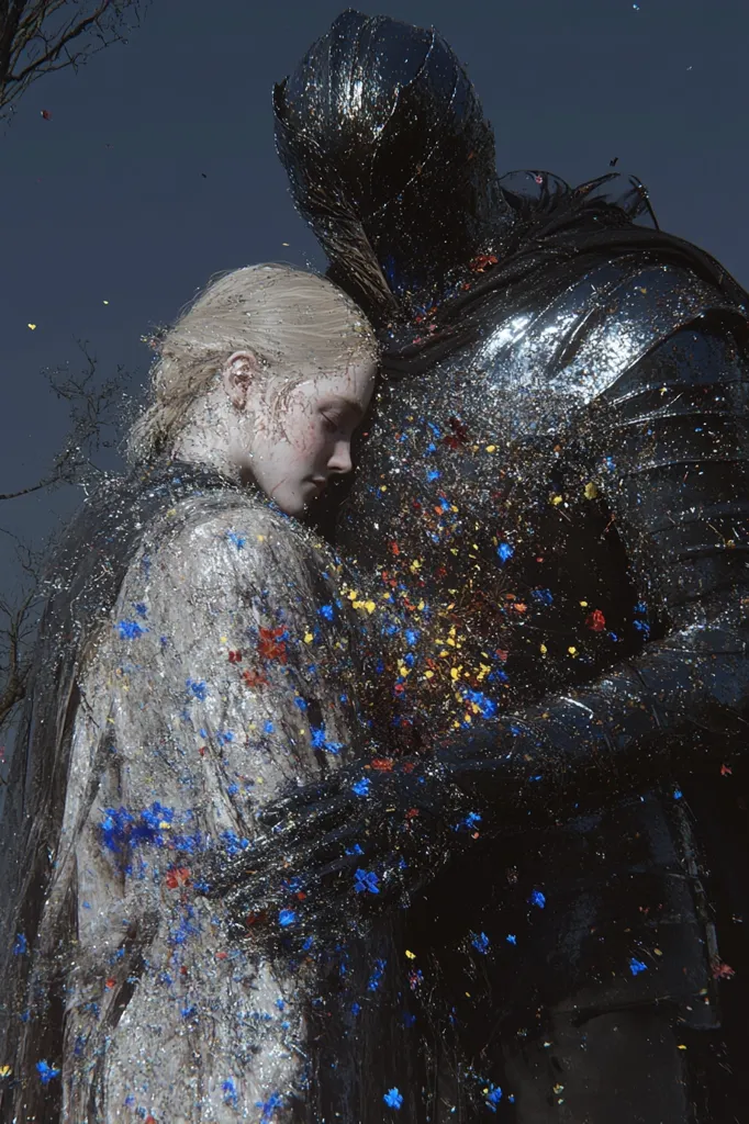 A young woman with blonde hair rests her head on the shoulder of a figure clad in dark, metallic armor.  Both are covered in a shower of colorful, speckled paint or glitter, creating a surreal and ethereal atmosphere. The image evokes a sense of tenderness and vulnerability, juxtaposed against the hardness of the armor.  The background is a muted blue-grey, emphasizing the central figures.