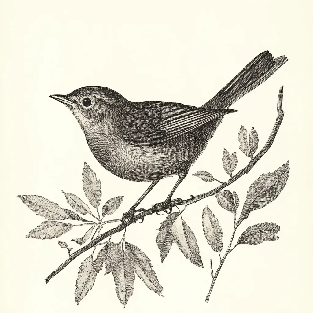 A detailed black and white illustration depicts a small bird perched on a slender branch adorned with leaves. The bird, rendered with meticulous detail, showcases its plumage and delicate features. The branch, with its intricately drawn leaves, adds to the overall aesthetic appeal of the artwork, creating a sense of tranquility and natural beauty. The style suggests a vintage or antique print.