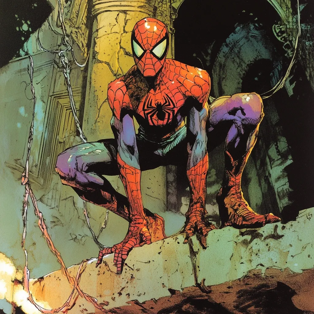 A dynamic illustration of Spider-Man in a crouched stance, showcasing his iconic red and blue suit.  The artwork is rendered in a vibrant, almost painterly style, with a grunge aesthetic emphasizing texture and shadow.  He perches atop a weathered stone structure,  surrounded by decaying architecture and tangled chains, enhancing a sense of urban decay and mystery. The color palette is rich and varied, with muted greens and browns contrasting against the bold hues of Spider-Man's costume.