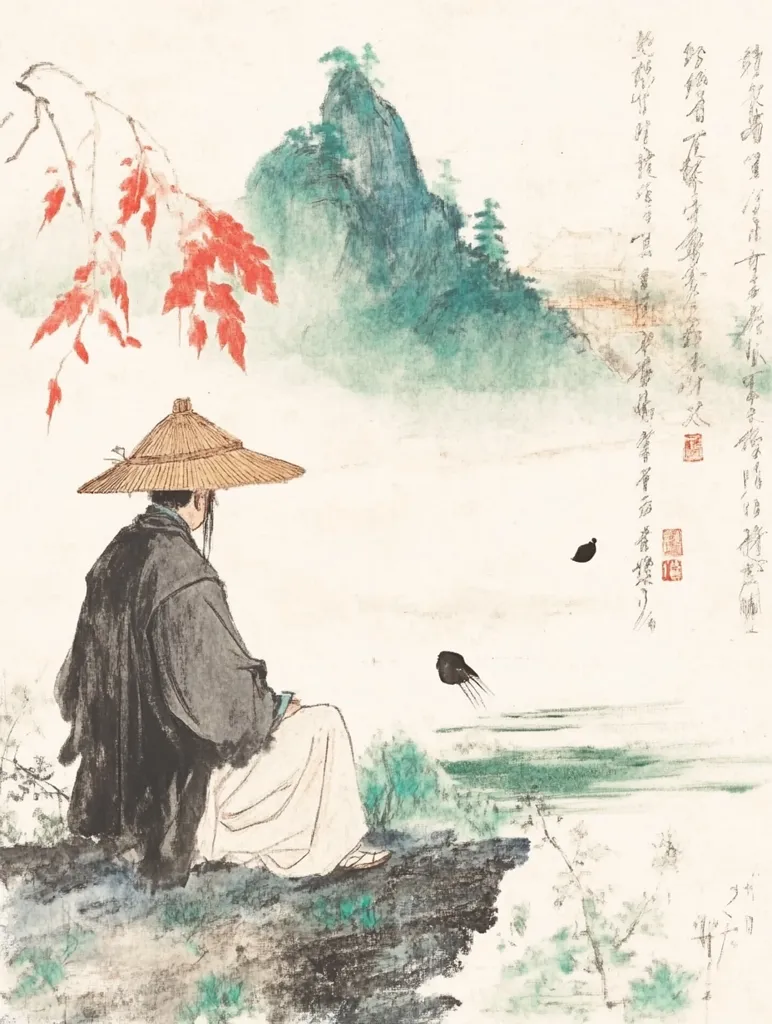 A serene East Asian ink wash painting depicts a lone figure, wearing a wide-brimmed hat and flowing robes, seated on a rock overlooking a calm body of water.  Red-leafed branches frame the left, while misty green mountains rise in the background.  Two small, dark birds are subtly present in the sky.  The style is minimalist, emphasizing atmospheric perspective and contemplative mood.  Calligraphy adorns the right side, likely a poem or inscription.