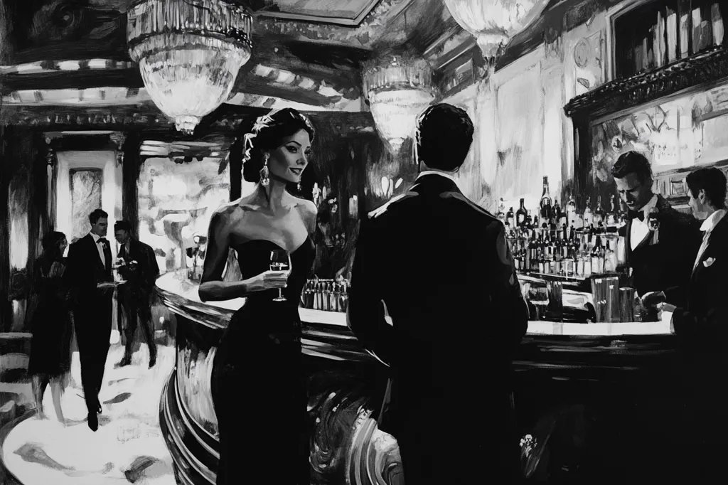 A black and white painting depicts a sophisticated bar scene.  A woman in a black strapless gown holds a wine glass, engaging in conversation with a man in a tuxedo.  Other elegantly dressed patrons mingle in the background, adding to the atmosphere of a luxurious, dimly lit establishment with opulent chandeliers.  The style is painterly, with expressive brushstrokes capturing the mood and movement of the scene.