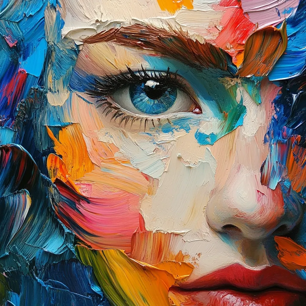 A vibrant, impasto-style portrait focuses on a woman's eye and partially visible face.  Bold strokes of blue, orange, pink, and yellow create a dynamic and expressive texture. The artist uses thick paint application to convey emotion and depth, highlighting the captivating blue eye and contrasting it with the rich colors of the surrounding features. The style is modern and abstract, emphasizing the energy and feeling rather than strict realism.