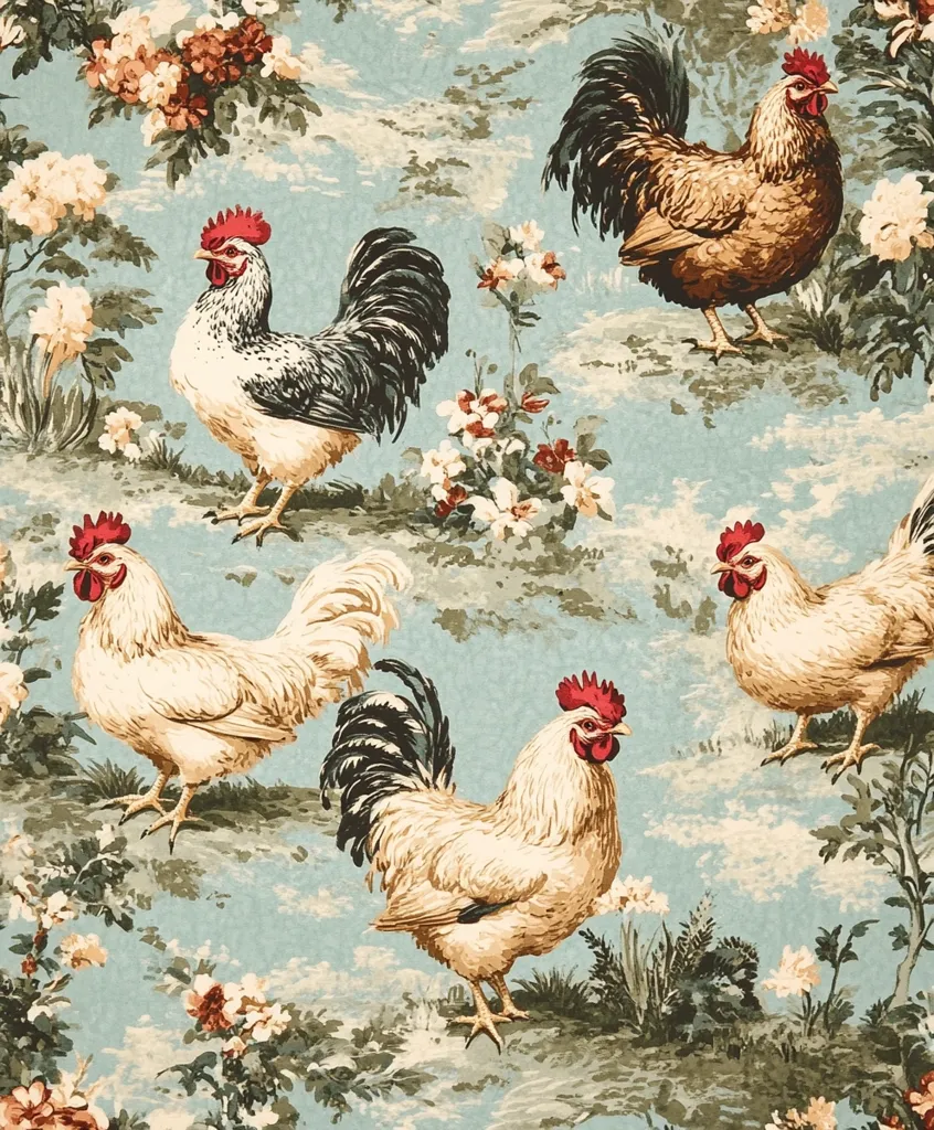 A charming fabric design features five roosters amidst a pastoral landscape.  The roosters, in varying shades of cream, brown, and black and white, display vibrant plumage.  Delicate floral arrangements in muted tones, including roses and other blooms, are scattered throughout the light blue background, creating a picturesque toile-like pattern.  The overall style is romantic and rustic.