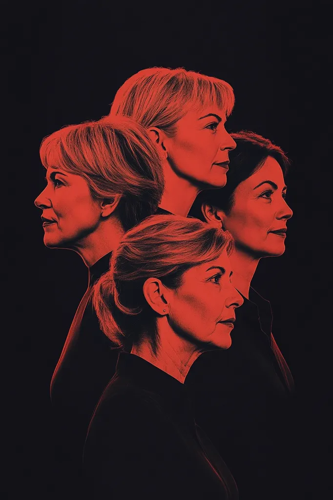 A stylized promotional image showcases four women, their profiles in a striking red hue against a black backdrop.  The women appear to be of similar age, their hair styled in a contemporary fashion.  The composition suggests a sense of unity and shared experience, possibly hinting at a collaborative narrative or a group of strong female characters. The overall effect is dramatic and intriguing.
