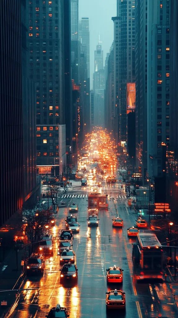 A rain-slicked city street at dusk, framed by towering skyscrapers.  Traffic flows in both directions, illuminated by the warm glow of headlights and streetlights reflecting on the wet pavement.  The tall buildings cast long shadows, creating a dramatic, atmospheric scene.  The overall mood is moody and urban, capturing the essence of a bustling city at night.