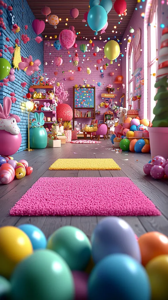 A whimsical children's room explodes with color.  Pink walls are adorned with balloons, flowers, and playful decorations.  Colorful eggs and plush toys are scattered across the floor, alongside bright rugs.  Shelves overflow with toys, creating a joyful, vibrant, and slightly chaotic atmosphere.  The overall effect is one of exuberant childhood fantasy.