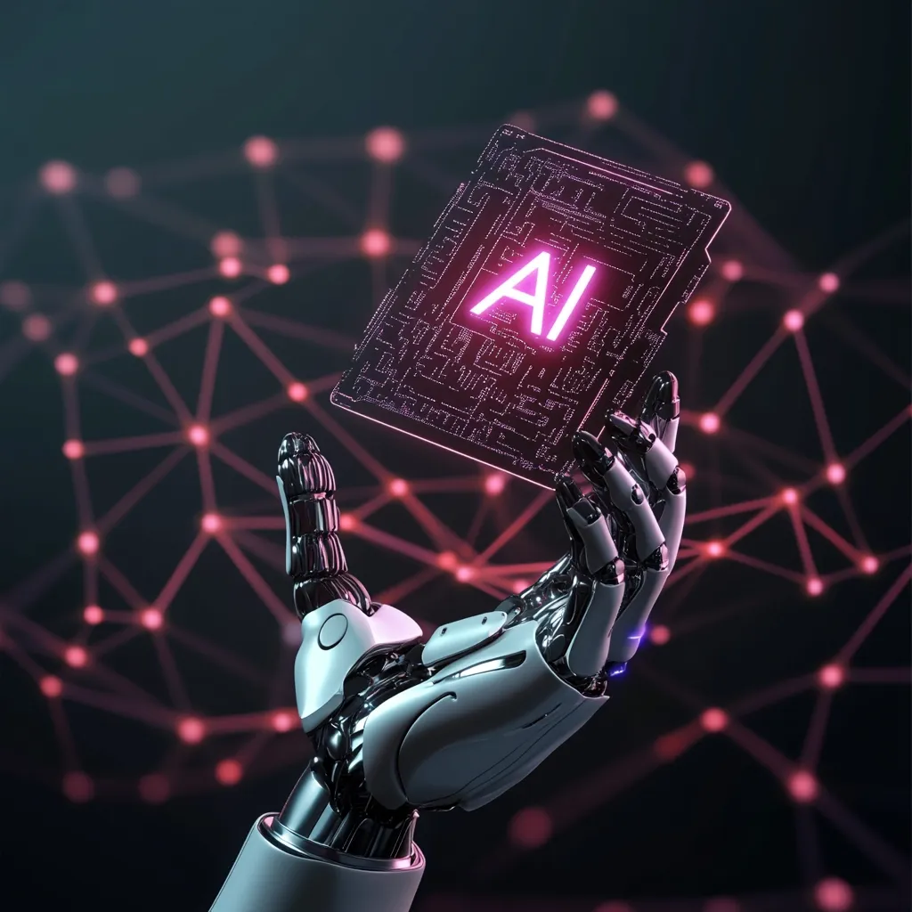 A robotic hand delicately holds a translucent circuit board displaying the letters "AI" in glowing pink.  The background features a dark, interconnected network of red nodes, suggesting a complex system. The image evokes themes of artificial intelligence, technology, and the future. The robotic hand's metallic sheen contrasts with the glowing AI symbol, creating a visually striking effect.