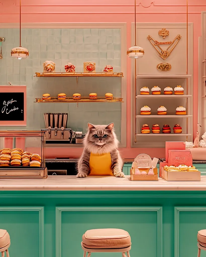 A fluffy gray cat, wearing a yellow apron, sits behind a mint-green counter in a pastel-colored bakery.  Shelves display an array of pastries, including macarons and cupcakes.  The shop features gold accents and retro-style lighting. The overall aesthetic is whimsical and charming, presenting a delightful scene of a feline barista.
