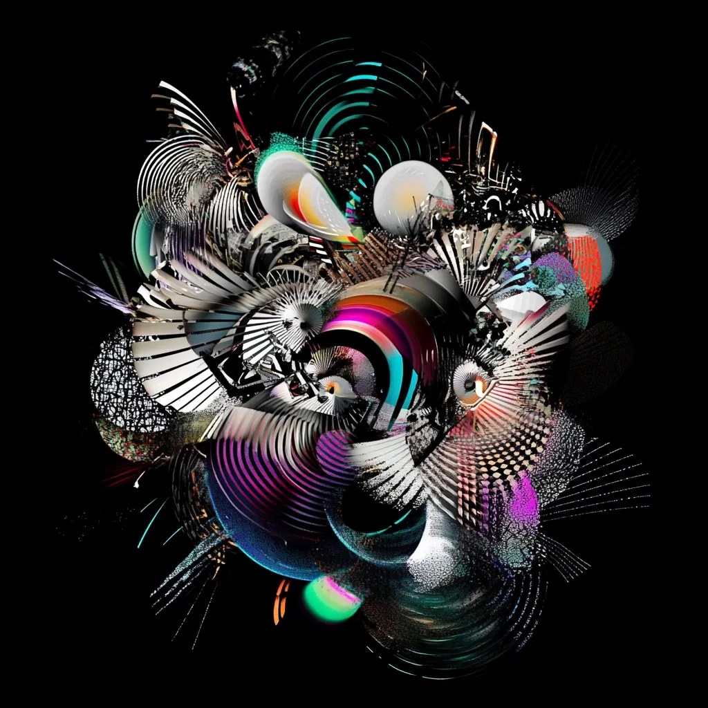 A vibrant, abstract composition explodes against a black background.  Overlapping, swirling forms in shades of grey, black, purple, pink, teal, and white create a sense of depth and movement.  Geometric shapes intertwine with organic, almost biomorphic structures, resulting in a complex and visually stimulating image.  The piece suggests a chaotic yet harmonious energy, full of intricate detail and contrasting textures.