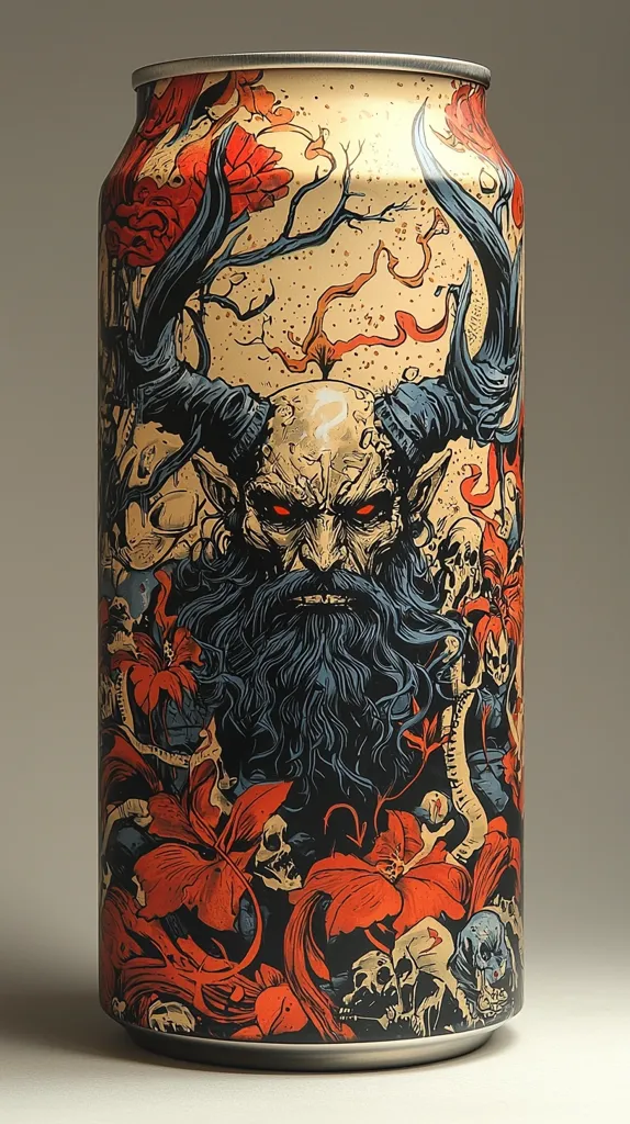 A beer can features striking artwork.  A demonic figure with large horns and a long beard dominates the center, surrounded by a vibrant, macabre scene.  Intricate details include skulls, flowers, and skeletal elements, creating a dark fantasy aesthetic.  The overall design is rich in color and texture, with a blend of dark and fiery tones.