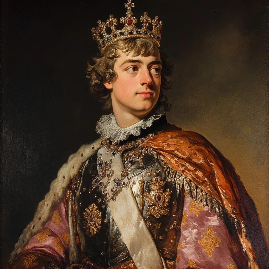 An oil portrait depicts a young king, crowned and adorned in opulent regalia. He wears a jeweled crown, a lace collar, ornate armor embellished with gold and gemstones, and a rich, textured cloak in shades of pink and orange.  His expression is serious yet approachable, his gaze directed slightly away from the viewer. The dark background emphasizes the regal attire and the subject's youthful features. The painting exhibits Baroque-style detail and rich color palette.