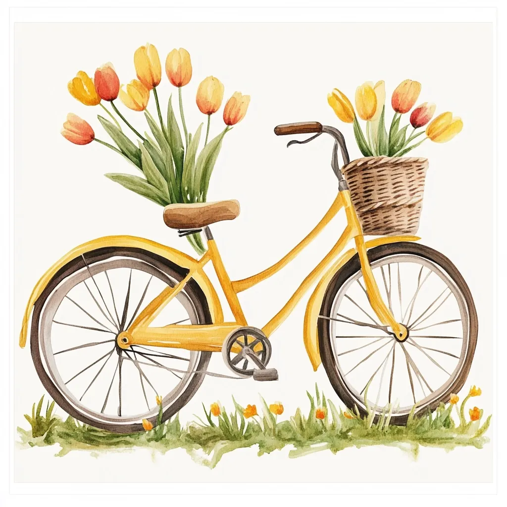 A watercolor painting depicts a cheerful yellow bicycle adorned with vibrant bouquets of tulips.  One bunch is secured to the bicycle's rear, while another rests in a wicker basket on the handlebars.  The bicycle sits in a patch of short green grass, creating a spring-like and idyllic scene.  The overall style is charming and nostalgic.