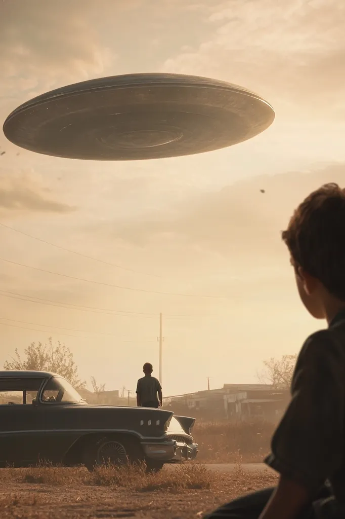 A large, dark disc-shaped UFO hovers silently in a hazy, golden sky above a rural landscape.  Two figures stand near a vintage car, their backs to the viewer, seemingly observing the craft.  A boy, seen from behind, also gazes upward, captivated by the extraterrestrial presence. The scene evokes a sense of mystery and wonder, hinting at a close encounter of an unknown kind.