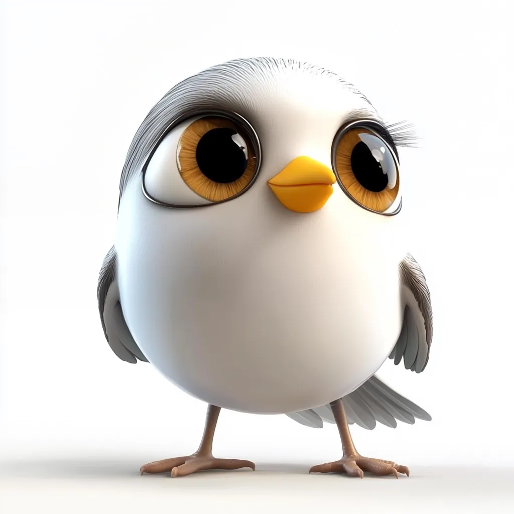 A cute, cartoon-like bird with large, expressive brown eyes and a small, yellow beak is depicted. Its body is predominantly white, with grey accents on its head and wings.  The bird has tiny, clawed feet and stands on a white background, appearing friendly and curious. The rendering style is smooth and three-dimensional, giving it a soft, almost plush appearance.